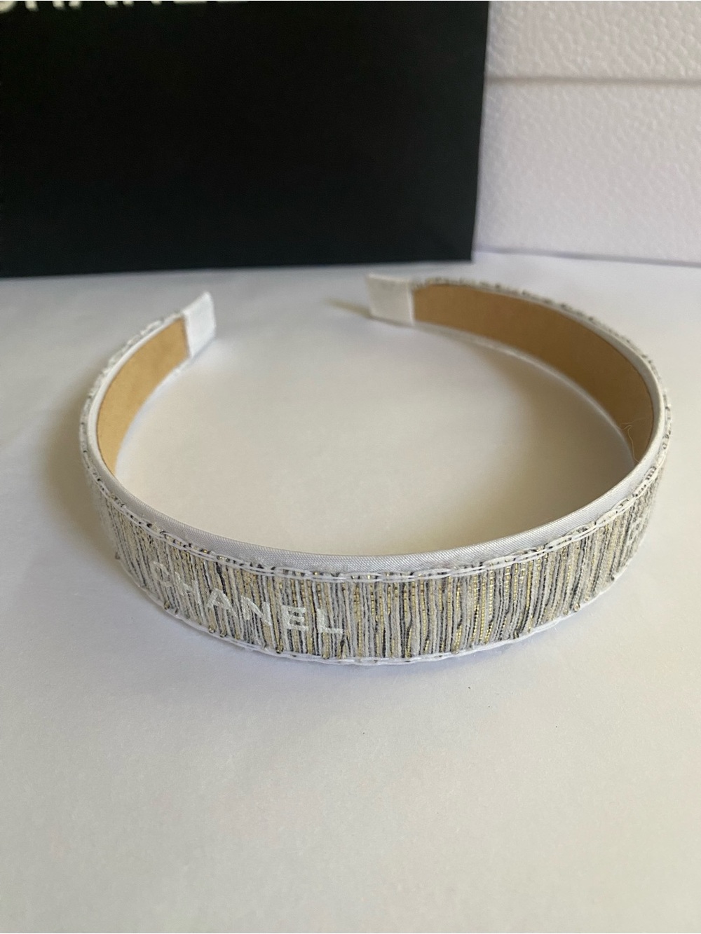 CHANEL Ribbon White and Gold Tweed Logo Headband